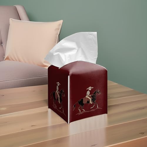 Skeleton Horse Rider 5.2-Inch Square PU Leather Tissue Box Cover – Rustic Gothic Rodeo Style, Hand-Stitched, Removable Liner, Bathroom, Bedroom, Living Room, Office Gift - color: Horse