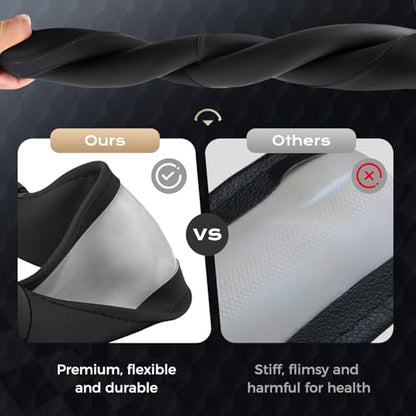 Coverado Car Steering Wheel Cover, Nappa Leather Black Steering Wheel Covers for Women, Universal 14-15 inch, Anti-Slip, Breathable Steering Wheel Protector - color: B-Black&Black
