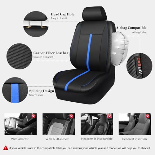 Leather Car Seat Covers Black Blue, Sporty Carbon Fiber Leather Full Set Waterproof Auto Seat Covers, Airbag Compatible, Universal Fit for SUV,Sedans,Vans,Pickup, Full Set, Black Blue