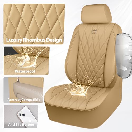 CAR PASS Piping Luxury PU Leather Two Front Car Seat Covers, Waterproof Anti Slip Seat Covers Compatible with Front Seat Armrests,Universal Fit for Suvs,Vans,Trucks,Airbag Compatible(All Beige) - color: All Beige, size: Two Front