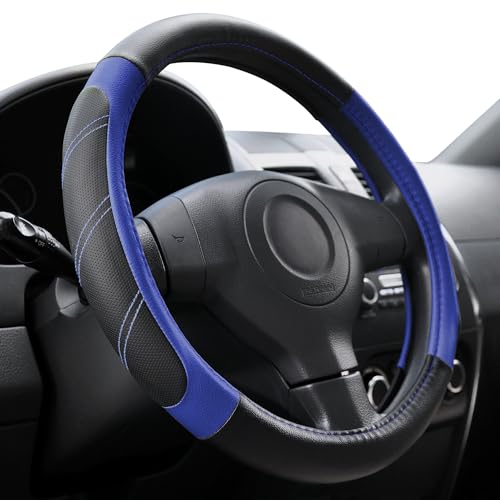 Elantrip Steering Wheel Cover Leather 14 1/2 to 15 inch Universal Padded Soft Grip Breathable for Car Truck SUV Jeep Anti Slip Blue and Black - color: Black and Blue, size: 14 1/2 - 15 Inch