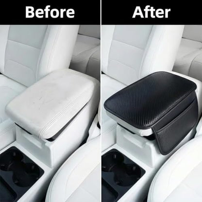 Car Center Console Cover Armrest Cover, Carbon Fiber PU Leather Auto Center Console Pad Protector with Side Storage Bags, Universal Waterproof Anti-Slip for Most Cars Trucks Vans