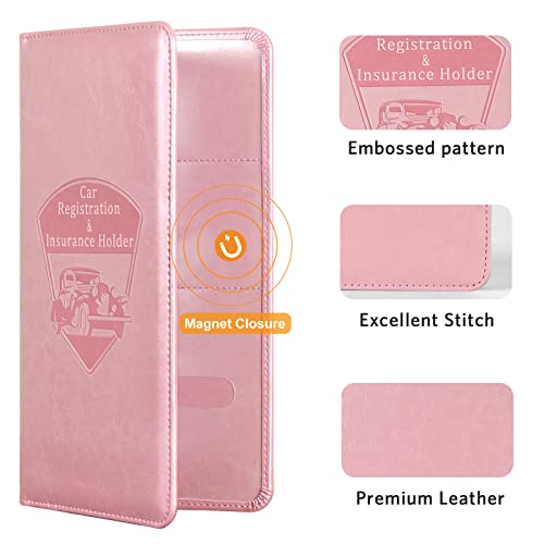 CoBak Car Registration and Insurance Holder - Vehicle Glove Box Car Organizer, Auto Truck Comparment Accessories Case with Magnetic Closure for Essential Document, Driver License, Cards - color: A-Pink