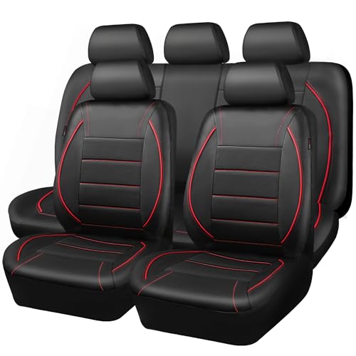 CAR PASS Universal FIT Piping Leather Car Seat Cover, for suvs,Van,Trucks,Airbag Compatible,Inside Zipper Design and Reserved Opening Holes (Full Set, Black and Red) - color: Red Black