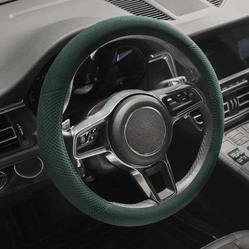 Suede Steering Wheel Cover with Upgraded Silicone Inner Ring, Breathable, Anti-Slip, Leather Universal 14.5 to 15 Inch Steering Wheel Cover (Green with Embossing Pattern) - style: Green with Embossing Pattern