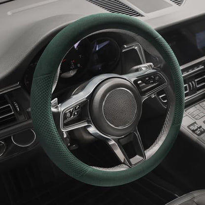 Suede Steering Wheel Cover with Upgraded Silicone Inner Ring, Breathable, Anti-Slip, Leather Universal 14.5 to 15 Inch Steering Wheel Cover (Green with Embossing Pattern) - style: Green with Embossing Pattern