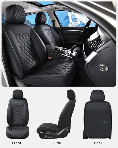 Huidasource Front Seat Covers, Car Seat Covers Front Seats Nappa Leather, Side Elastic Fabric, Compatible with Airbags, Seat Belts, Universal Fit for Most Cars, Vans, Trucks, SUV (Front Pair/Black)