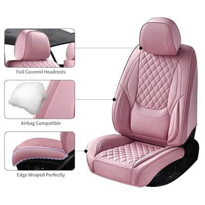 Car Seat Covers Full Set Pink, Luxury Faux Leather Car Seat Covers Waterproof Non-Slip Seat Protector Universal Fit for Most Cars SUVs Trucks Pick-ups, Cute Pink Car Accessories for Women
