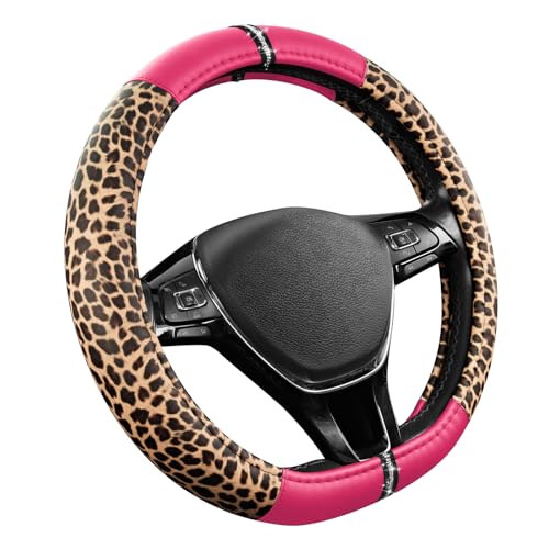 Road Comforts Leopard Steering Wheel Cover for Women, Cute Anti-Slip Microfiber Leather, Fits D Shape Flat Bottom Steering Wheel 14.5-15 Inch - HotPink - color: D Shape-HotPink