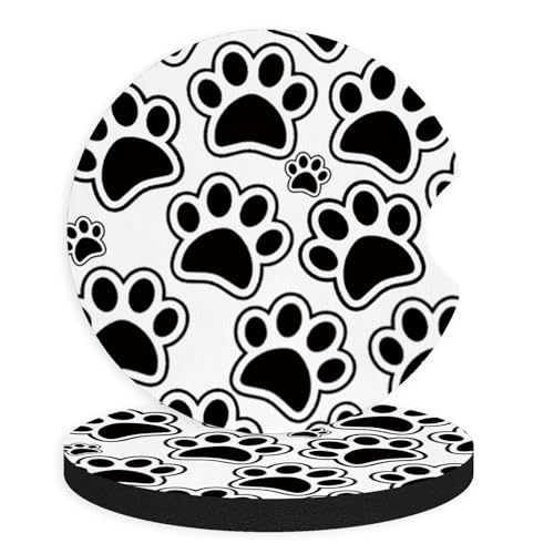 2pcs Black Dog Paw Print Car Coasters,Absorbent Universal neoprener Cup Holder Coasters with a Finger Notch,Car Accessories for Women&Man Interior，2.75" - color: Black Dog Paw Print