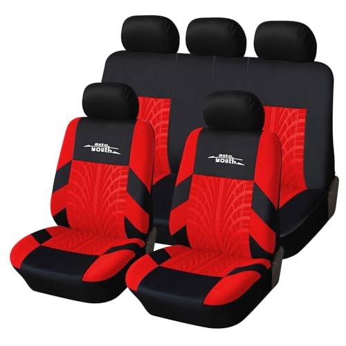 AUTOYOUTH Red Car Seat Covers Full Set, 3D Tyre Embossed Front Bucket & Split Rear Bench Covers, Airbag Compatible, Quick Setup Universal Fit for Car, SUV, Seat Protectors (9pcs) - color: Red, size: Full Set (9 pieces)