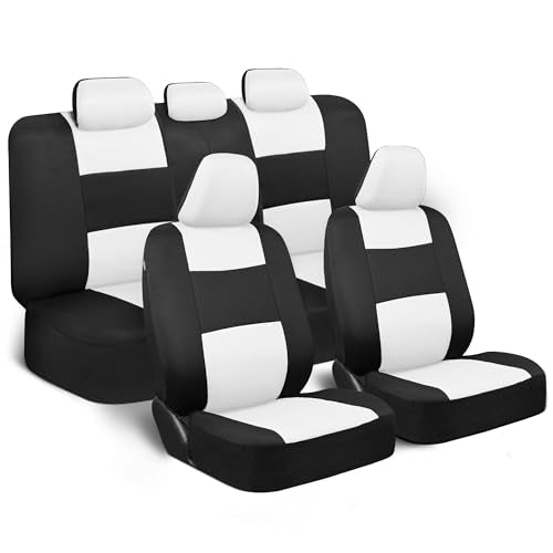 BDK PolyPro Car Seat Covers Full Set in White on Black, Front and Rear Split Bench Seat Covers for Cars, Easy to Install Car Seats Cover Set and Accessories for Auto Trucks Van SUV - White - color: White