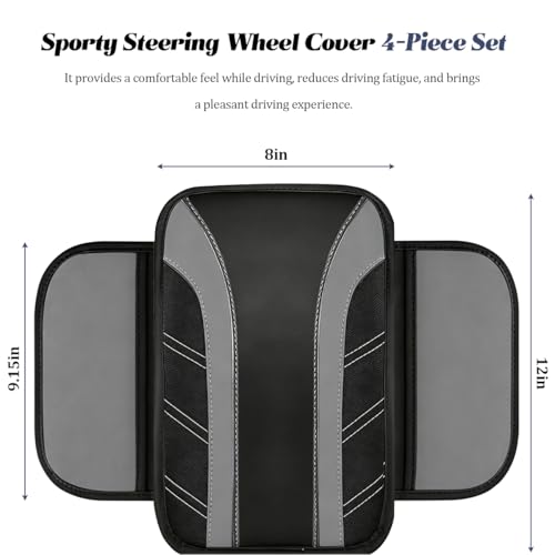 HZEL 4PCS Car Accessories Set, 14.5-15" Non-Slip Soft Microfiber Leather Steering Wheel Cover, Comfortable Seat Belt Cushion, Center Console Armrest Cover, Universal Fit (Black/Gray) - color: Black/Gray