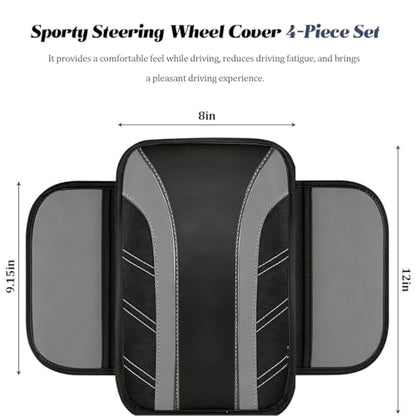 HZEL 4PCS Car Accessories Set, 14.5-15" Non-Slip Soft Microfiber Leather Steering Wheel Cover, Comfortable Seat Belt Cushion, Center Console Armrest Cover, Universal Fit (Black/Gray) - color: Black/Gray