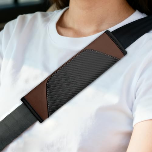 2PCS Car Seat Belt Cover, Seat Belt Cover Pad, Carbon Fiber Leather Vehicle Safety Strap Shoulder Pad, Comfortable Auto Harness Protector for Shoulder and Neck for Most Vehicles (Coffee) - color: Coffee