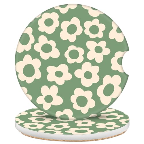 2 Pack Car Coasters for Cup Holders, 2.56" Universal Absorbent Ceramic Stone Car Cup Holder Coasters with Non-Slip Cork Base, Car Interior Accessories for Women Men(Vintage Groovy Flowers) - color: Vintage Groovy Flowers