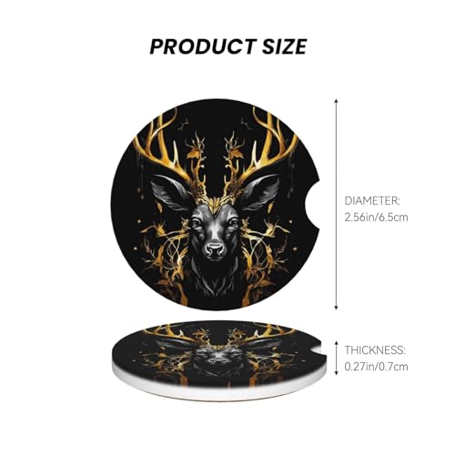 Absorbent Ceramic Car Coasters for Cup Holders, Black Gold Deer Design 2.56" Anti Slip Universal Drink Cup Coasters for Women Men (2 Pack) - color: Black Gold Deer