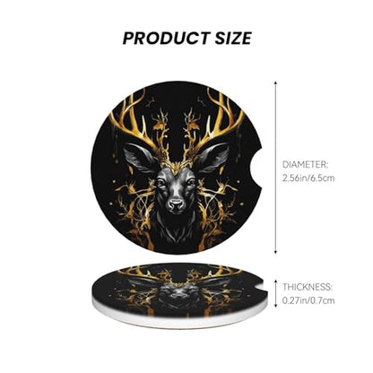 Absorbent Ceramic Car Coasters for Cup Holders, Black Gold Deer Design 2.56" Anti Slip Universal Drink Cup Coasters for Women Men (2 Pack) - color: Black Gold Deer