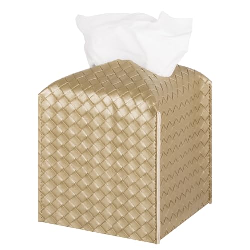 Tissue Box Cover PU Leather Tissue Holder Square Facial Tissue Case Facial Paper Organizer Dispenser for Bathroom, Vanity Countertop, Tabletop, Car, Gold - color: Gold, size: square