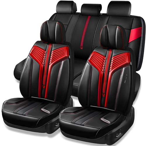 CAR PASS Nappa Leather Seat Covers, Breathable Waterproof Car Seat Covers Full Set, Luxury Leather Front and Back Seats Full Coverage, Universal Fit SUV Pick-up Truck Sedan Automotive(Black Red) - color: Black Red, size: Full Set Full Coverage