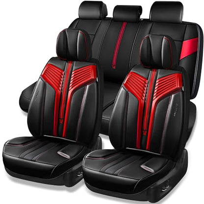 CAR PASS Nappa Leather Seat Covers, Breathable Waterproof Car Seat Covers Full Set, Luxury Leather Front and Back Seats Full Coverage, Universal Fit SUV Pick-up Truck Sedan Automotive(Black Red) - color: Black Red, size: Full Set Full Coverage