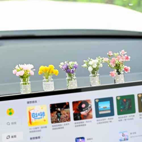 Set of 5 Mini Flower Rear View Mirror Dashboard Decorations, Cute Car Accessories for Women Car Interior Aesthetic, Kawaii Vase Ornament for Home Office - color: A Style-5 Pcs