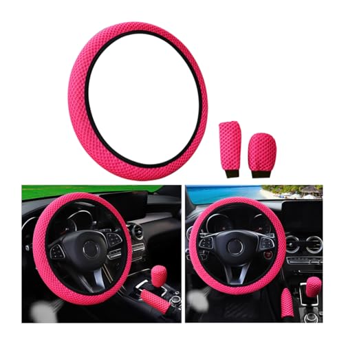 Bittwee 3PCS 15Inch Car Steering Wheel Cover Armrest Cover Gear Shift Cover Set, Microfiber Breathable Anti-Slip Automotive Steering Wheel Protector, Vehicle Interior Decor, Universal Fit（Rose Red） - color: Rose Red
