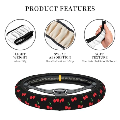 Red Cherry Cherries Leaves Leaf Car Steering Wheel Cover,Non-Slip Elastic Neoprene-Sweat Car Accessories,Universal 15 Inch Fit Auto, Vans Trucks,Suvs, Truck - color: Cherry