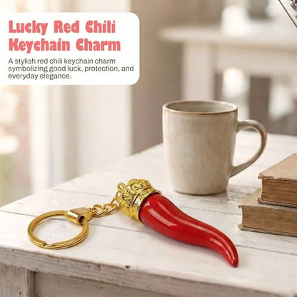 Italian Red Horn with Gold Chain Keychain – Keys & Fobs Great Chili Pepper Charm Rear View Mirror for Good Luck & Protection
