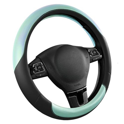 Road Comforts Steering Wheel Cover – Breathable Leather Steering Wheel Cover, Anti-Slip Grip, Universal Fit 14.5” to 15”, Heat & Cold Resistant for Cars, SUVs, and Trucks – Black & Shining Light Blue - color: Black&Light Blue