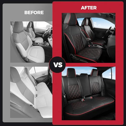 FREESOO for Toyota Corolla Seat Covers L LE XLE, LE Eco Sedan 2014 2015 2016 2017 2018 2019, Luxury Leather Seat Covers for Cars, Custom Fit Car Seat Covers, Waterproof Seat Cover, Black Red Full Set