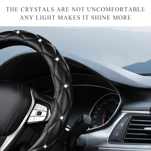 Bling Crystal Steering Wheel Cover, 15 Inch Soft Leather Sparkling Rhinestone Steering Wheel Protector, Universal Anti-Slip Steering Wheel Pad for Women Girls, Car Accessories (Black) - color: Black