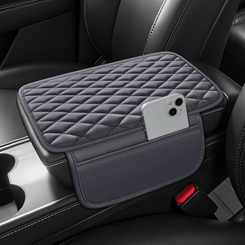 Waterproof Leather Car Center Console Pad with 2 Storage Bags, Auto Armrest Box Cover Protector, Comfortable Interior Accessories for Most Household Cars, Sedans & SUV (Dark Gray) - color: Dark Gray