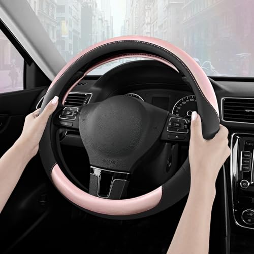 Road Comforts Steering Wheel Cover – Breathable Leather Steering Wheel Cover, Anti-Slip Grip, Universal Fit 14.5” to 15”, Heat & Cold Resistant for Cars, SUVs, and Trucks – Black & Shining Pink - color: Black&Pink