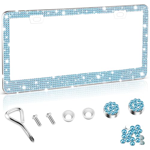 Amiss Bling License Plate Frame for Women, 1Pack Rhinestone Handcrafted Crystal Premium Stainless Steel, Stainless Steel Car Decorative Accessories with Diamond Sparkle Glitter Caps (Blue) - color: Blue, size: 1pc