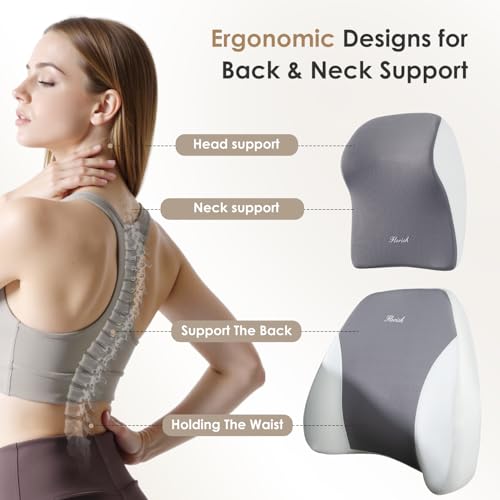 Car Seat Cushion & Lumbar Support Pillow & Car Neck Pillow Ergonomic and 100% Memory Foam, Upgraded Larger and Breathable Car Seat Cushion & Back Support Pillow - Gray - color: B-cushion&lumbar&neck Pillow-gray