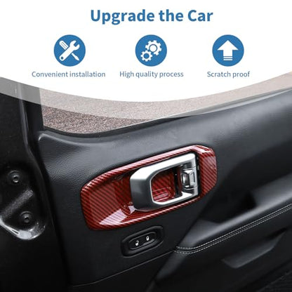 for Jeep JL Inner Door Handle Cover Bowl Trim for Jeep Wrangler JL JLU 2018 up for Gladiator JT 2020 up 2DR Red Carbon Fiber Grain Interior Accessories 2pcs