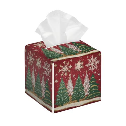 Christmas Tree Tissue Box Cover PU Leather Square Tissues Holder Gold Snowflakes on Red Retro Decorative Facial Paper Organizer Dispenser for Bedroom Bathroom Vanity,Home Office Car - color: Red Green