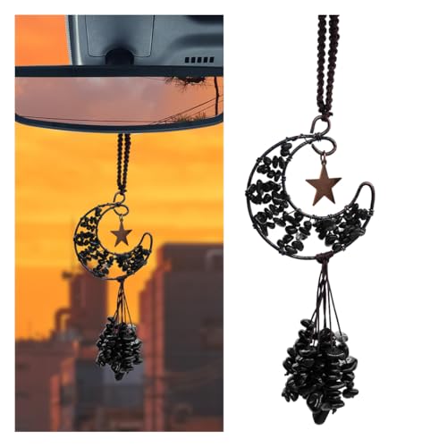 Obsidian Crystal Car Rear View Mirror Charm, Handmade Auto Mirror Hanging Accessories, Healing Crystal Moon Car Ornament, Lucky Auto Interior Decoration Pendant for Women Men (Black) - color: Black