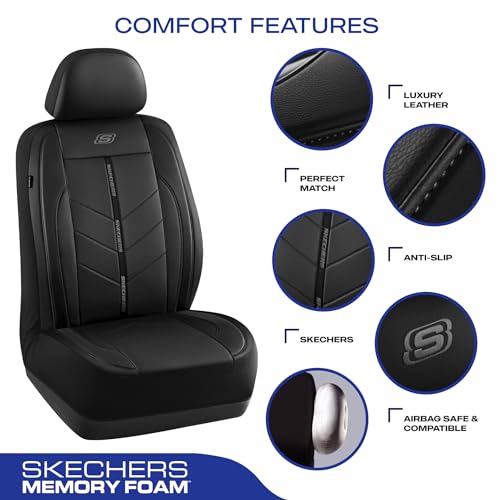 Skechers Car Seat Covers,Luxury Faux Leather Seat Covers,Waterproof Anti Slip Car Seat ProtectorFull Set,Car Accessories Airbag Universal Fit for Most Cars,Vans,Trucks,SUV,Black