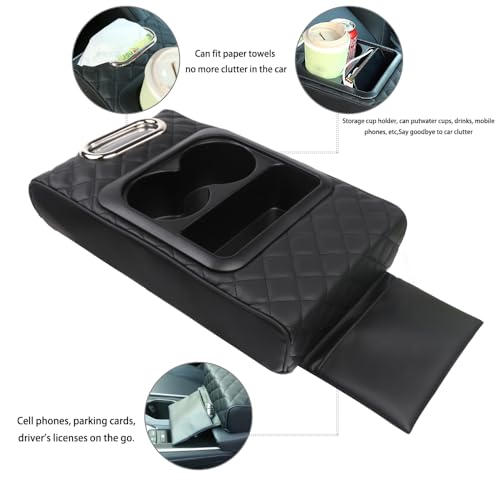 Multi-Functional Adjustable Armrest Cushion - Universal Car Boat Sofa Pad with Built-in Tissue Box & Cup Holder, Faux Leather Storage Organizer for Front/Rear Seats, Yacht, Central Console