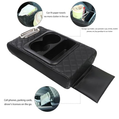 Multi-Functional Adjustable Armrest Cushion - Universal Car Boat Sofa Pad with Built-in Tissue Box & Cup Holder, Faux Leather Storage Organizer for Front/Rear Seats, Yacht, Central Console