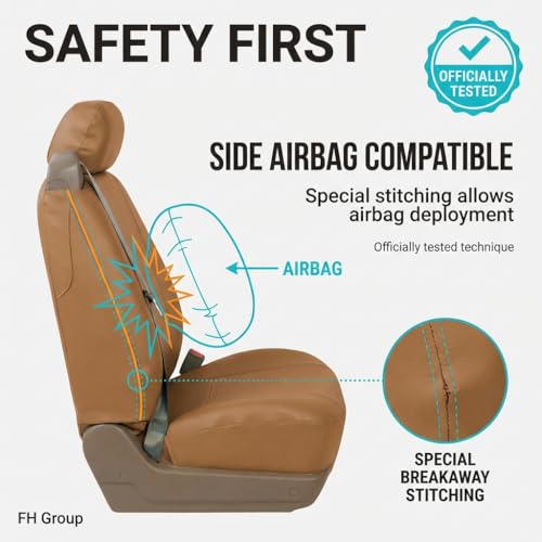 FH Group PU309102 All-Purpose Built-in Seat Belt PU Leather Seat Covers (Tan) Front Set – Universal Fit for Cars Trucks & SUVs - color: Tan - Low Back (Faux Leather), size: Front Set