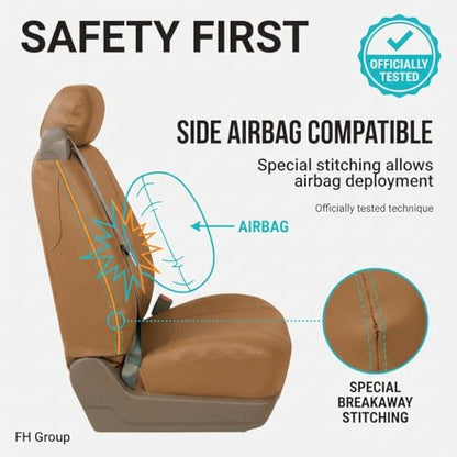FH Group PU309102 All-Purpose Built-in Seat Belt PU Leather Seat Covers (Tan) Front Set – Universal Fit for Cars Trucks & SUVs - color: Tan - Low Back (Faux Leather), size: Front Set