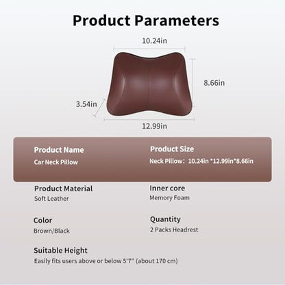2PCS Leather Memory Foam Car Headrest Pillow Ergonomic Neck Pillow, Universal for Tesla Model Y/3/X/S BMW X3 X5 Lexus TX350 NX350 350h RX350 Volvo XC60 XC90 for Neck Pain Relief(Brown)