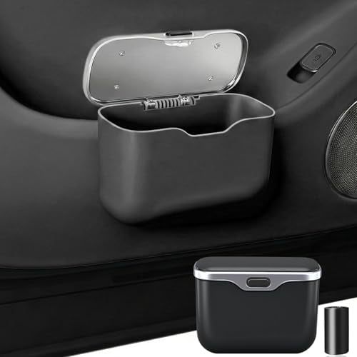 Car Trash Can with Lid - Leakproof Hanging Car Garbage Bin for Door & Seat Back - Waterproof Auto Trash Bag & Multifunctional Storage Organizer for SUV, Truck, Sedan (Black)