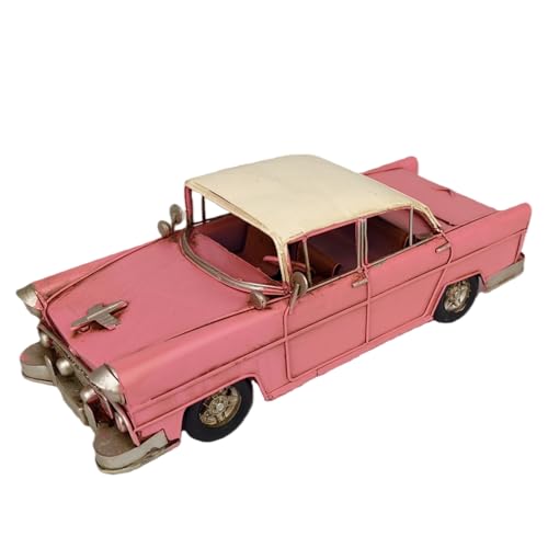 GENUINQ Vintage 1950s Pink Car Model – Handcrafted Classic Metal Automobile with Yellow Roof, Retro Collectible Decorative Car