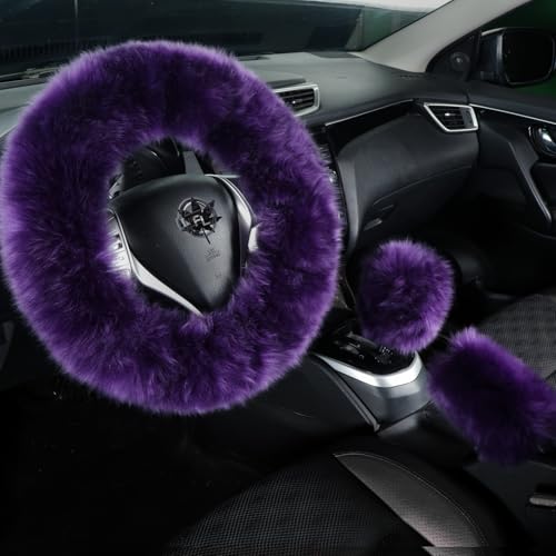 Fuzzy Genuine Sheepskin Steering Wheel Cover Set for Women Parents-Fluffy Soft Australian Merino Wool Wrap with Gear Shift and Hand Brake Covers, Cozy Stylish Luxury Car Accessories (Dark Purple) - color: Dark Purple