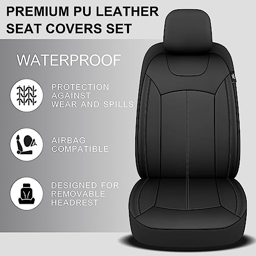 Premium Leather Car Seat Covers Front Set, Waterproof Stain-Resistant Seat Covers for Cars, Universal Automotive Interior Covers for Sedan SUV Truck Pick-up Van, Black