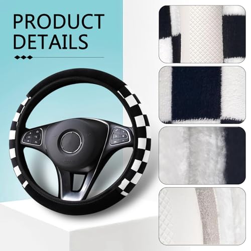 1 PC Fluffy Car Steering Wheel Covers, 14.5" -15" Soft Plush Warm Plaid Steering Wheel Protector, Universal for Most Cars, Trucks, SUVs (Black)
